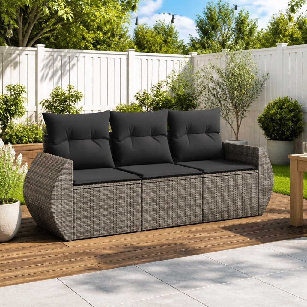 Grey Poly Rattan 3 Piece Garden Sofa Set with Cushions