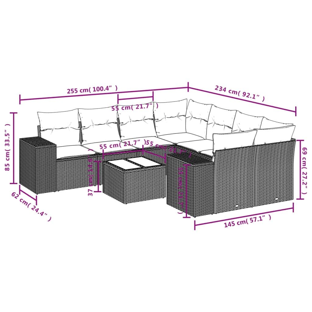 9-Piece Grey Poly Rattan Outdoor Sectional Sofa Set