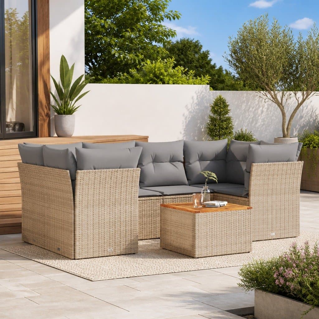 7 Piece Beige Outdoor Garden Sofa Set with Cushions