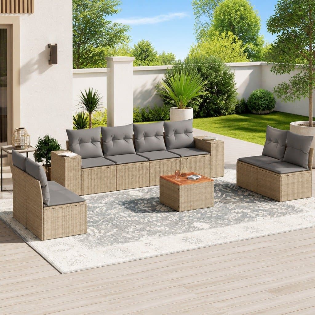 Beige 9-Piece Outdoor Garden Sofa Set with Cushions