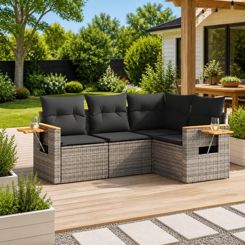 4-Piece Grey Poly Rattan Garden Sofa Set with Cushions