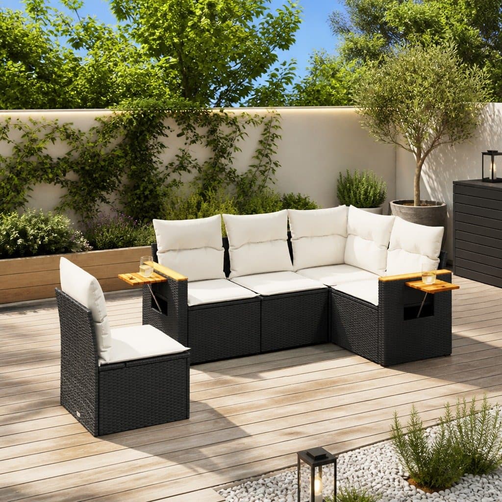 5 Piece Black Poly Rattan Garden Sofa Set with Cushions