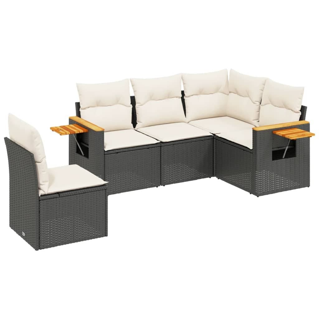 5 Piece Black Poly Rattan Garden Sofa Set with Cushions