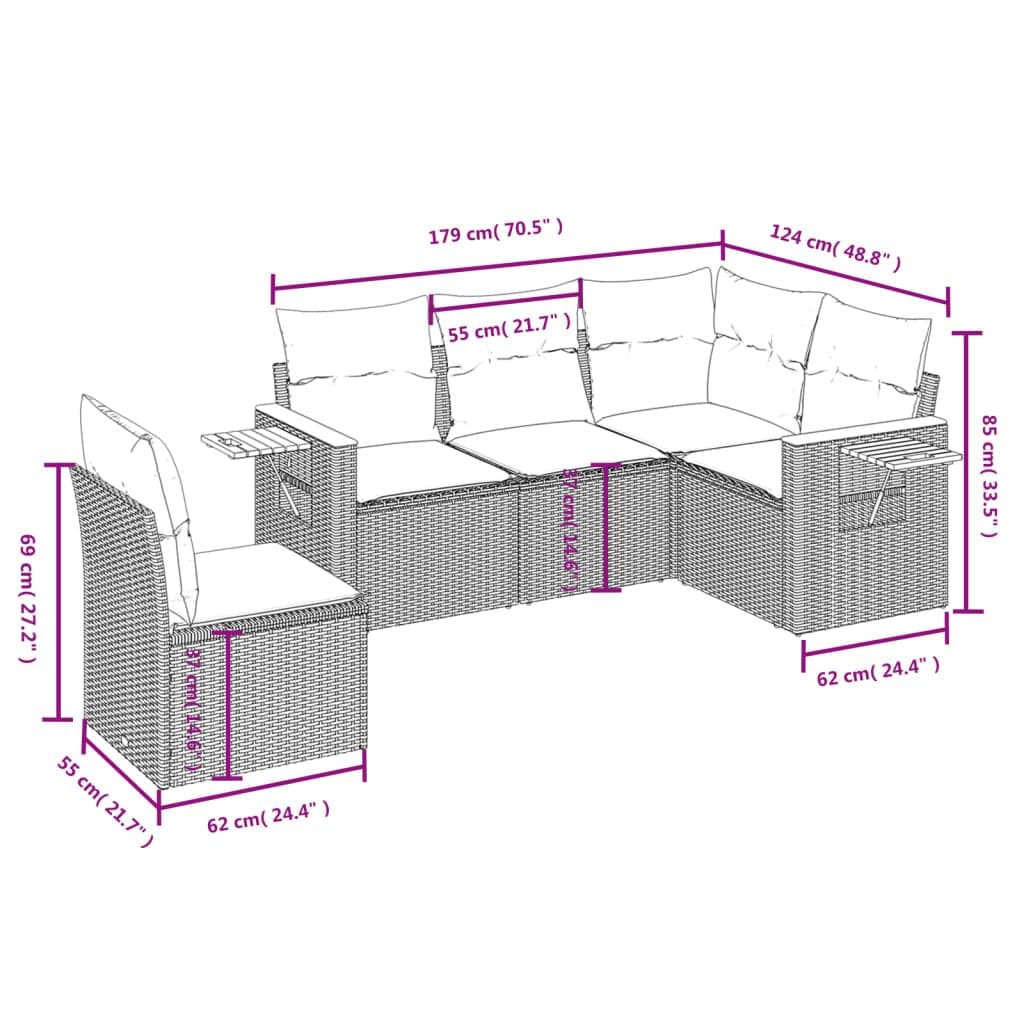 5 Piece Black Poly Rattan Garden Sofa Set with Cushions