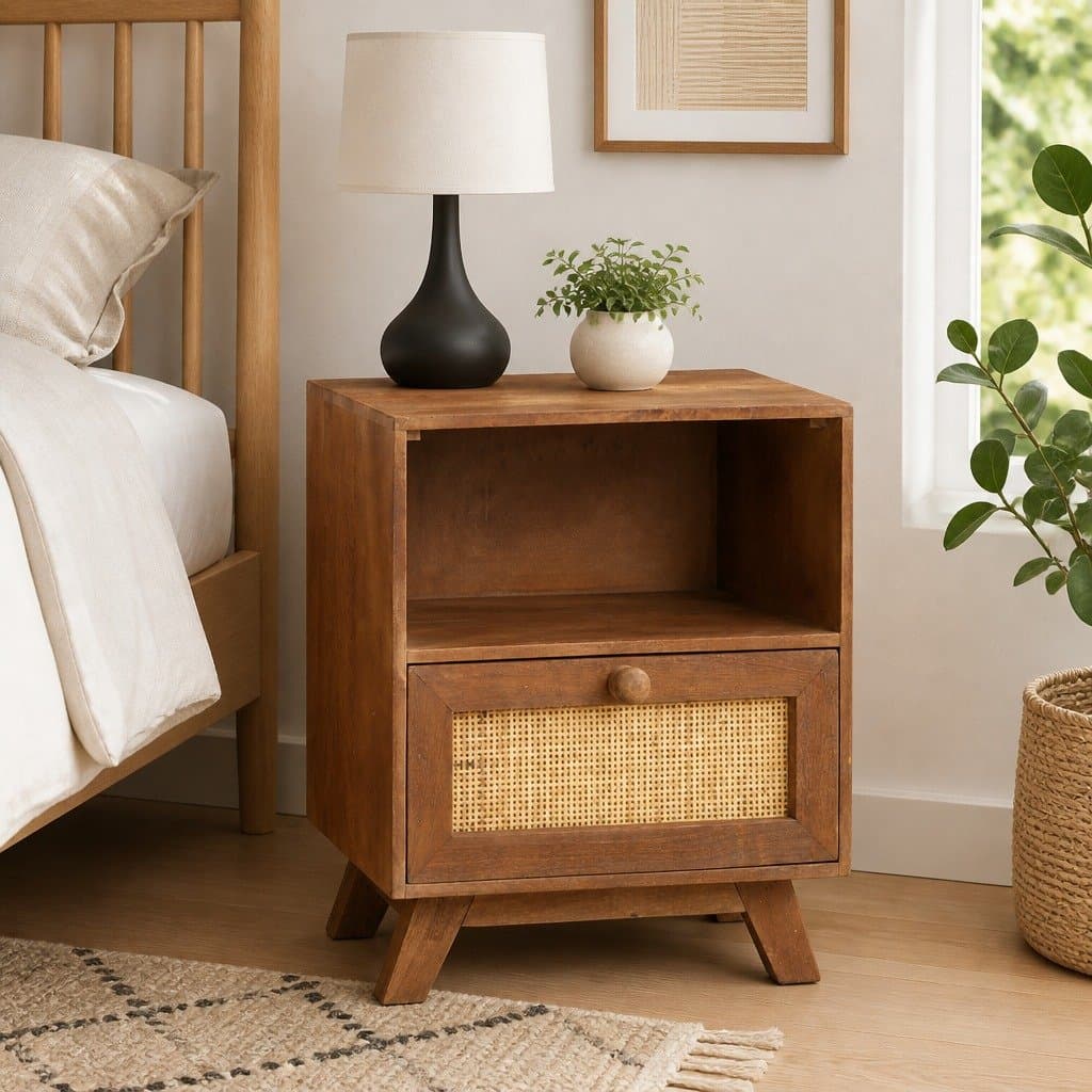 Solid Mango Wood Nightstand with Drawer and Shelf