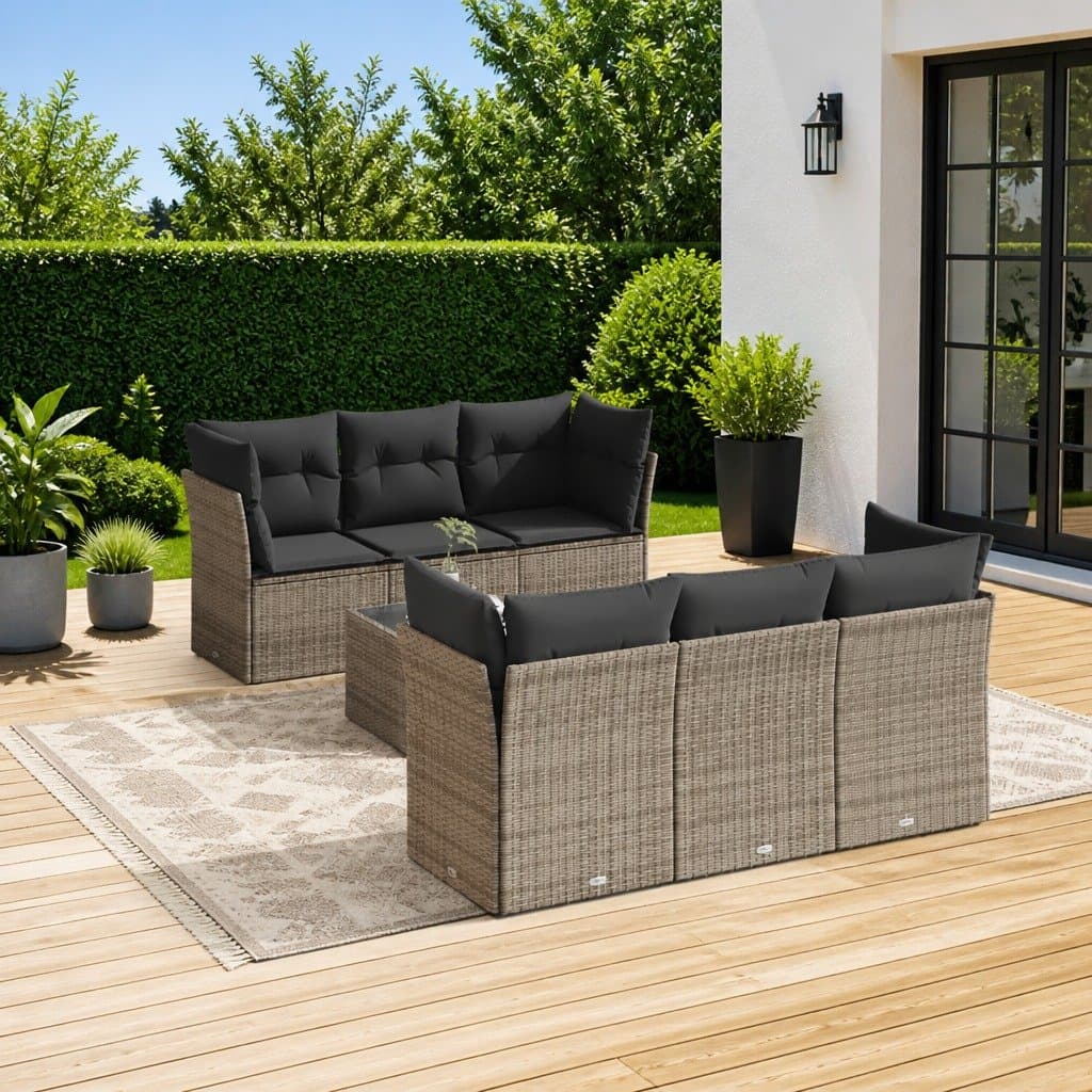 Grey Outdoor 7 Piece Rattan Garden Sofa Set with Cushions
