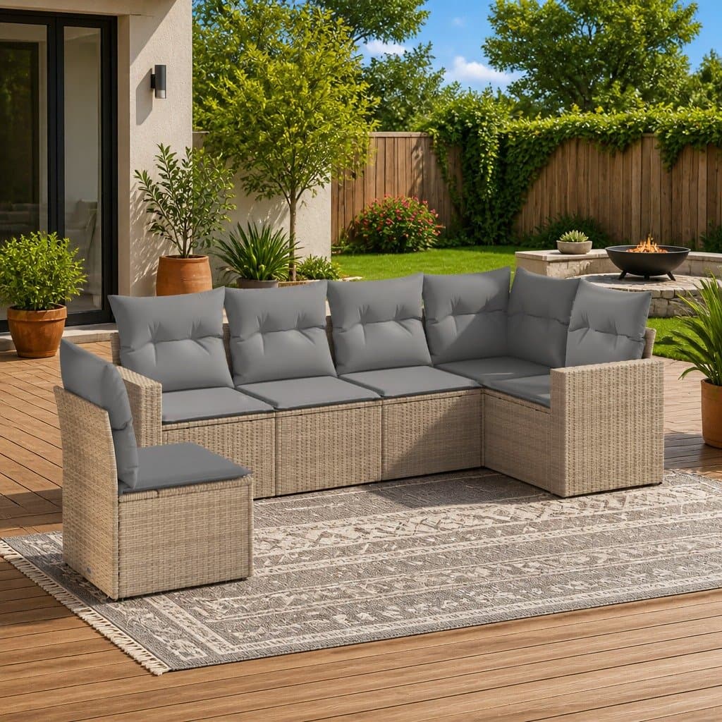Beige 6-Piece Outdoor Sectional Sofa Set with Storage