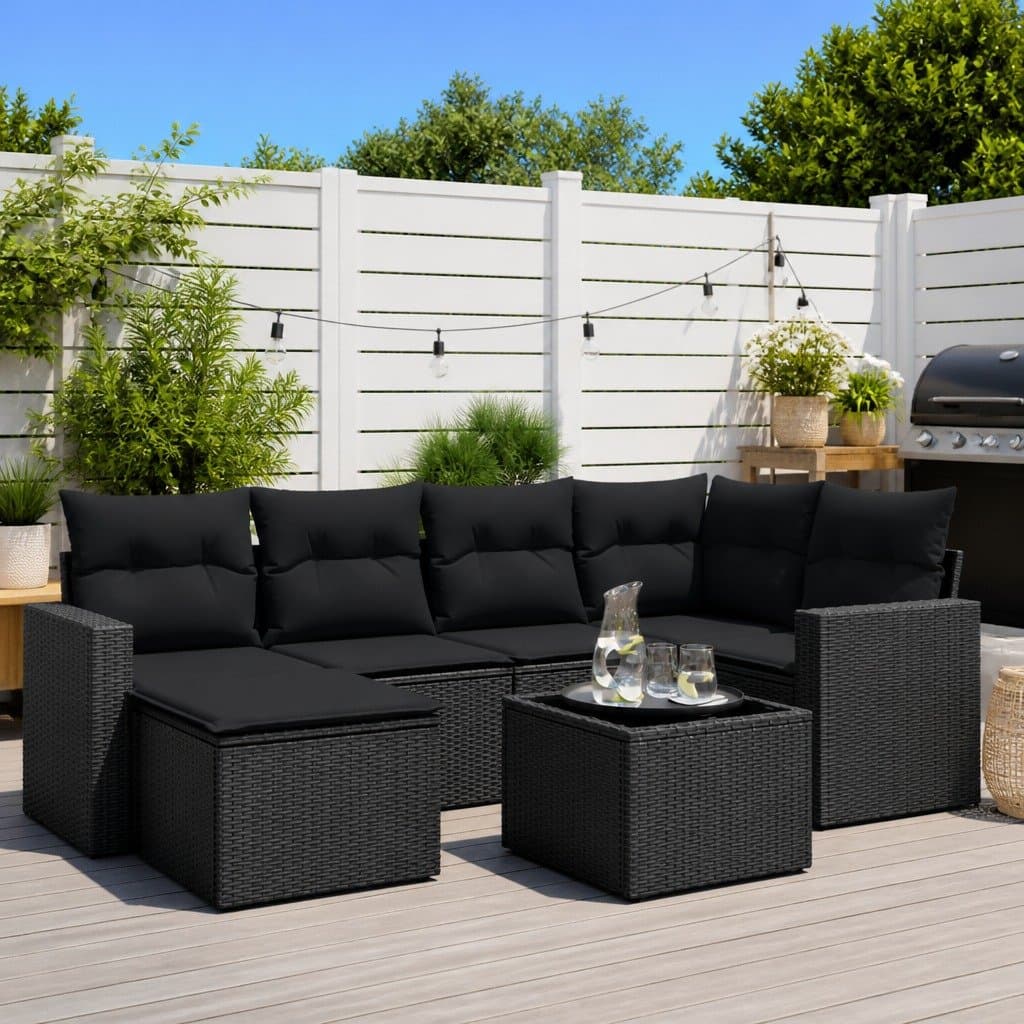 7-Piece Black Rattan Outdoor Sofa Set