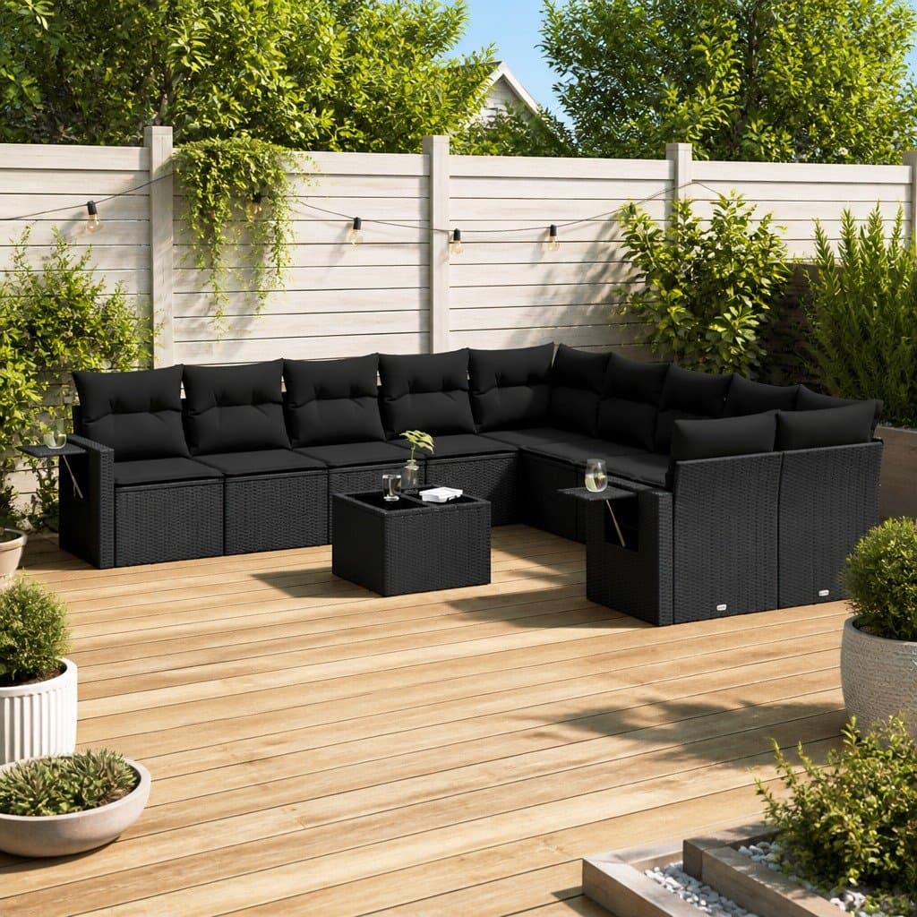 11-Piece Black Poly Rattan Garden Sofa Set