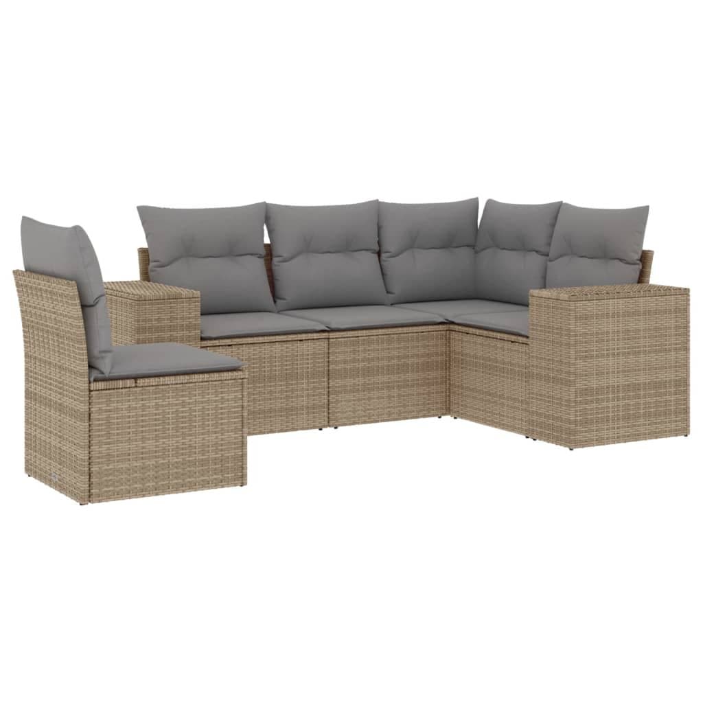 5 Piece Garden Sofa Set Beige Poly Rattan Outdoor Patio Furniture with Cushions