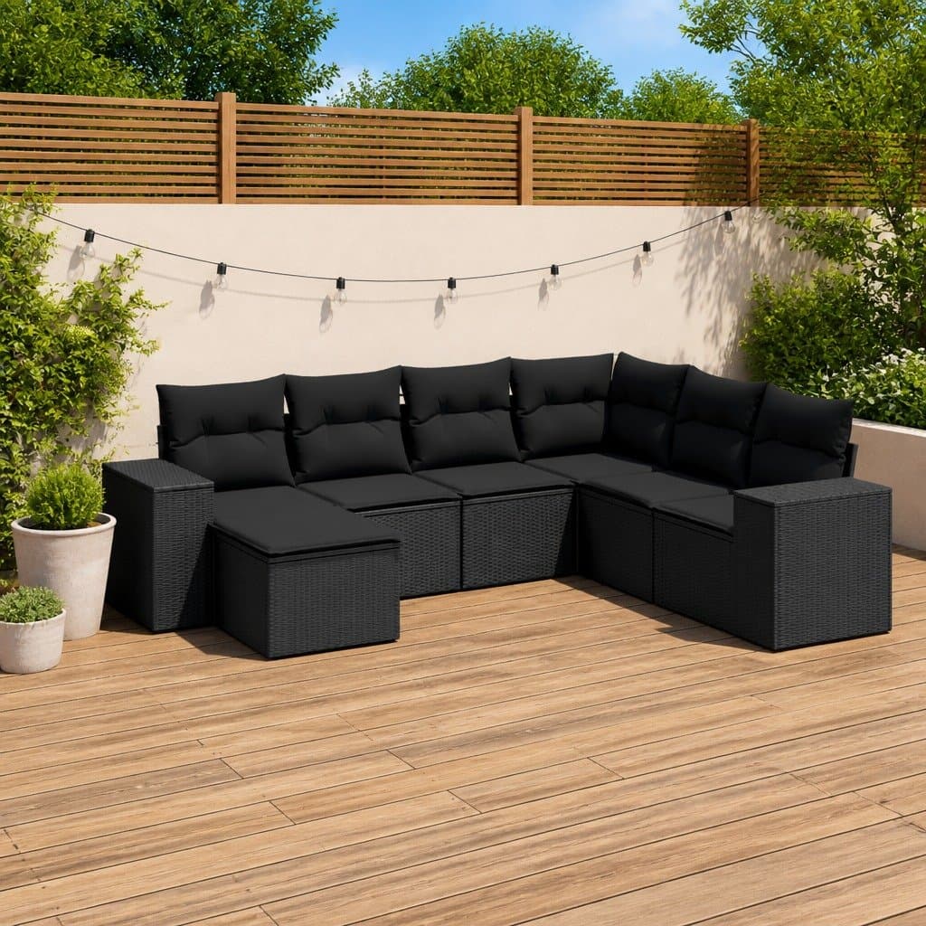 7 Piece Black Rattan Modular Garden Sofa Set