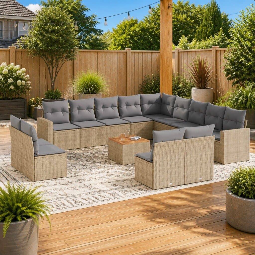 Beige Poly Rattan Garden Sofa Set 14 Pieces