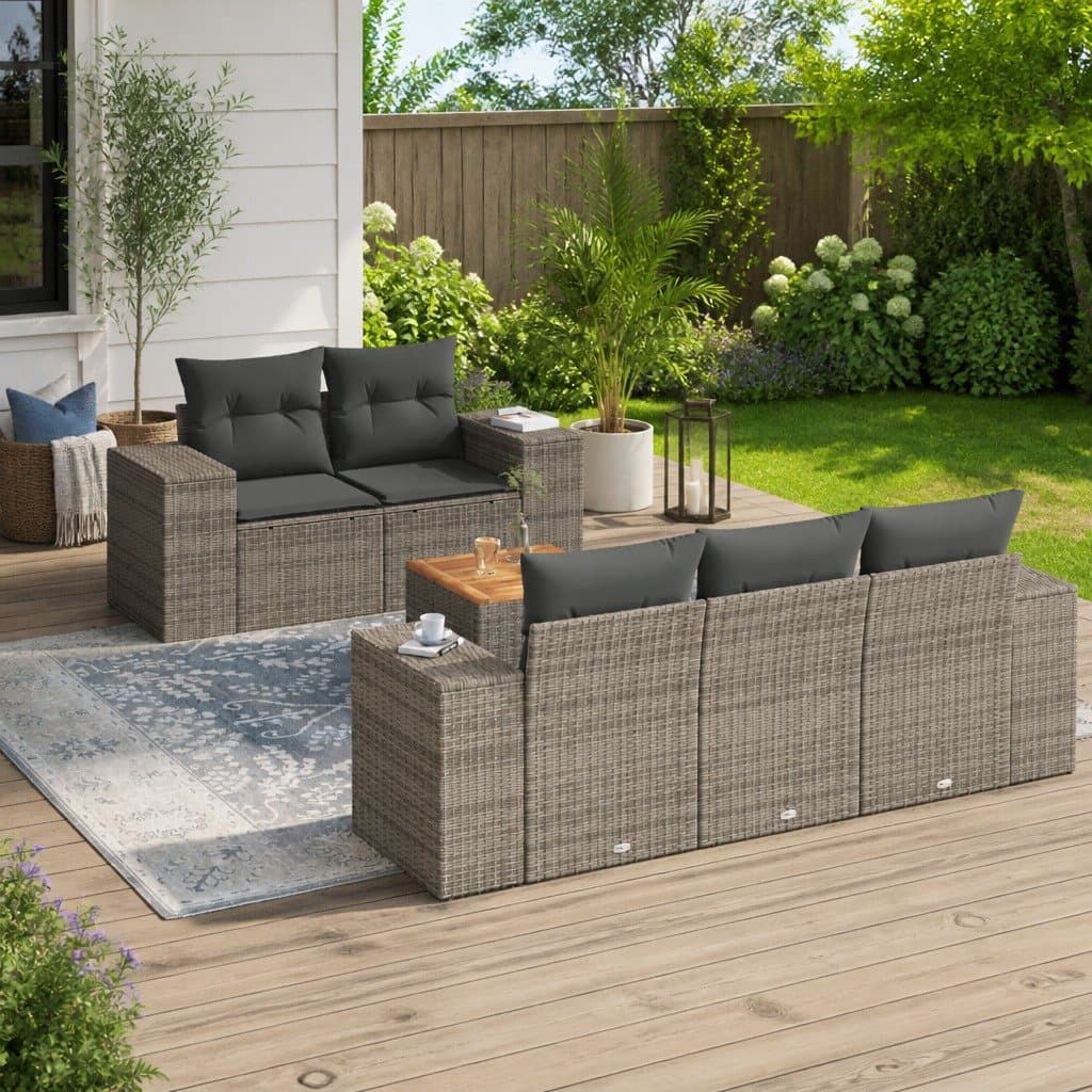 6-Piece Grey Poly Rattan Garden Sofa Set for Outdoor Use