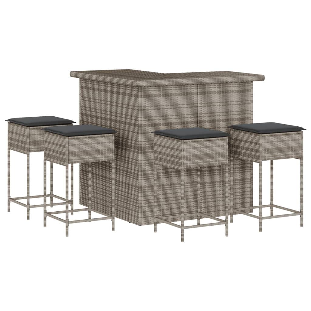 5 Piece Garden Bar Set Outdoor Patio Conversation Seating with Cushions Grey Rattan