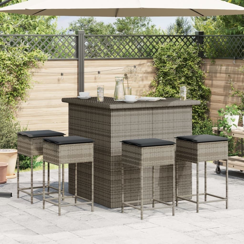 5 Piece Garden Bar Set Outdoor Patio Conversation Seating with Cushions Grey Rattan