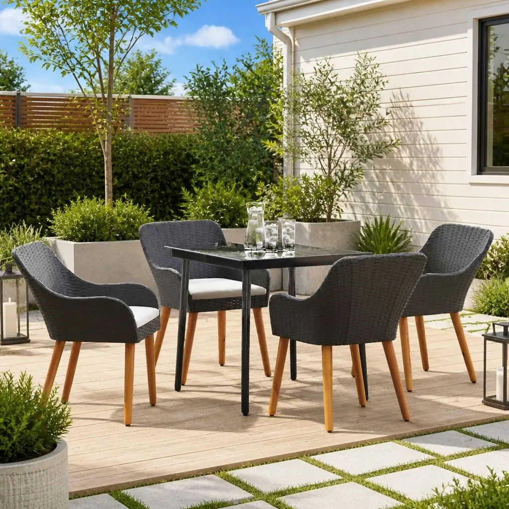 Poly Rattan Garden Dining Set 5 Piece with Cushions Black