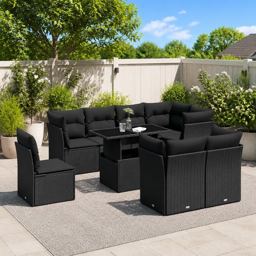 9 Piece Outdoor Patio Sofa Set in Black with Cushions