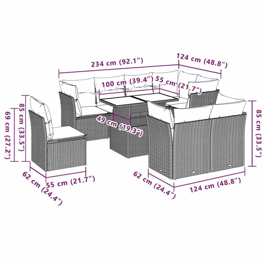 9 Piece Outdoor Patio Sofa Set in Black with Cushions
