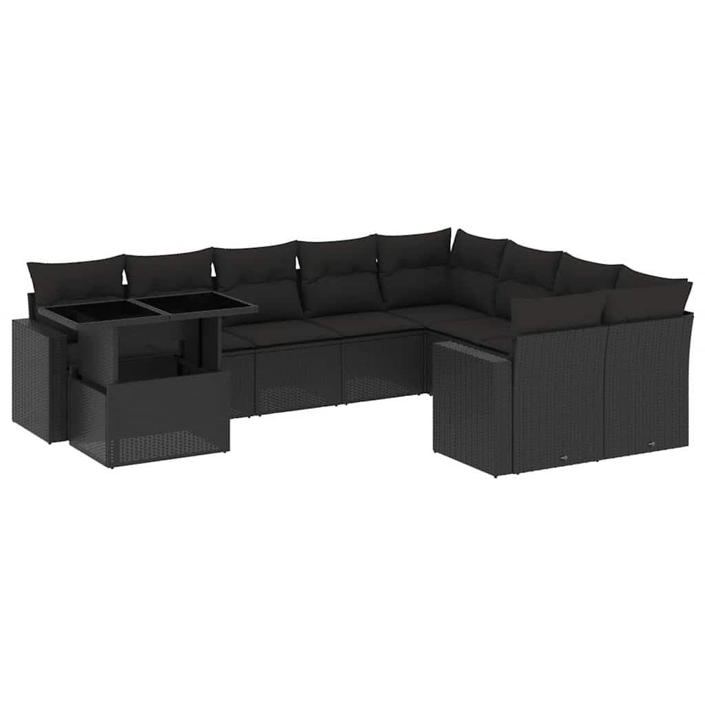 10-Piece Black Poly Rattan Garden Sofa Set