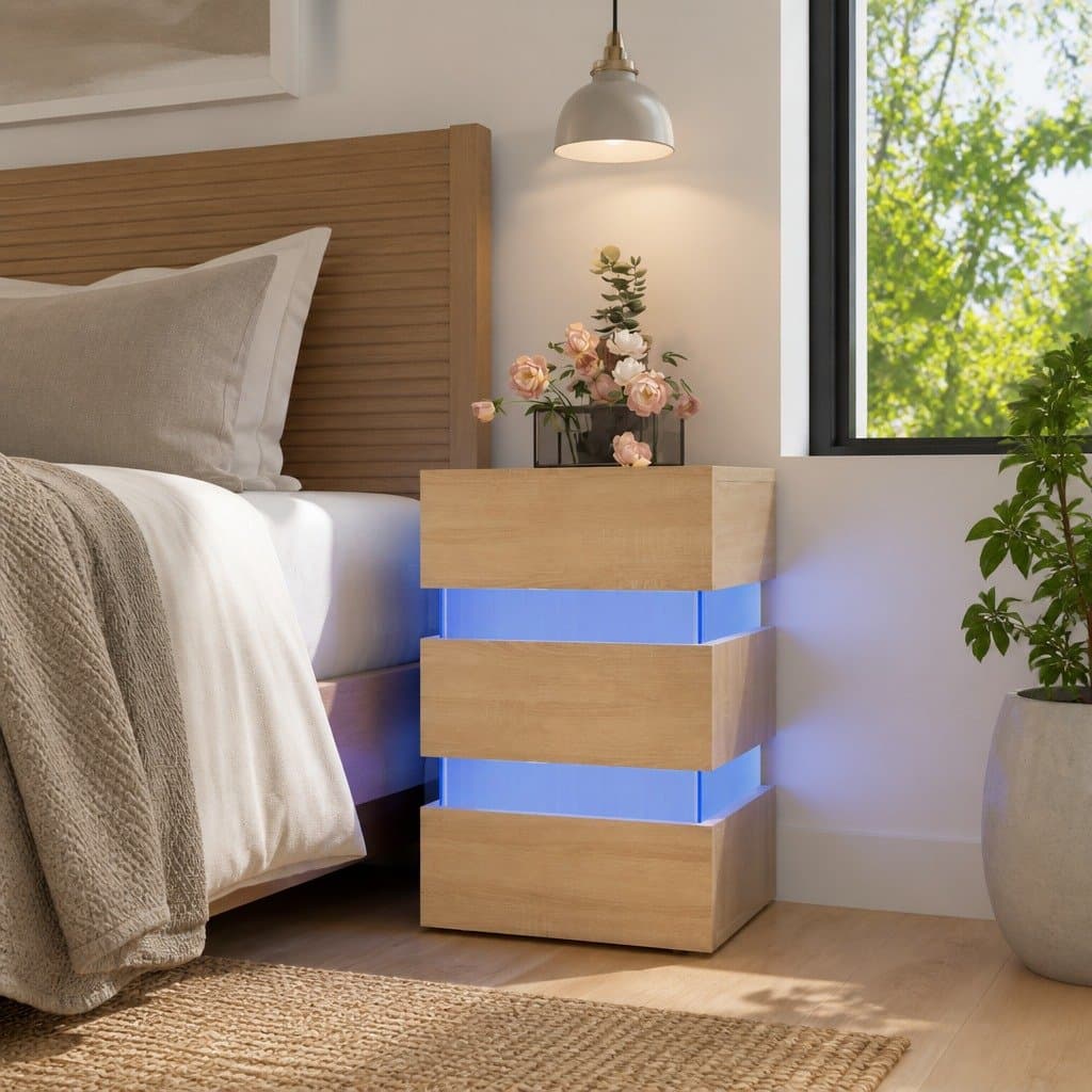 Bedside Table with LED Light Storage Cabinet Nightstand Engineered Wood Brown