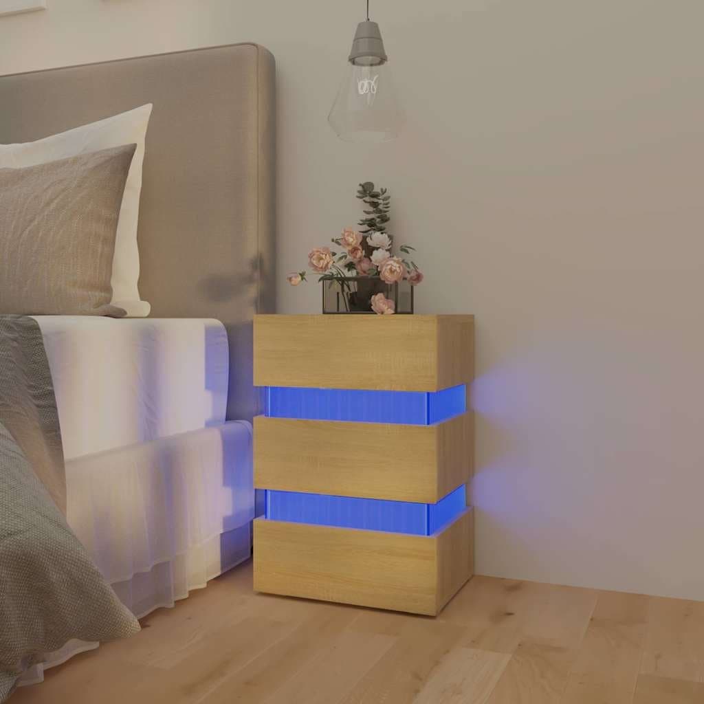 Bedside Table with LED Light Storage Cabinet Nightstand Engineered Wood Brown