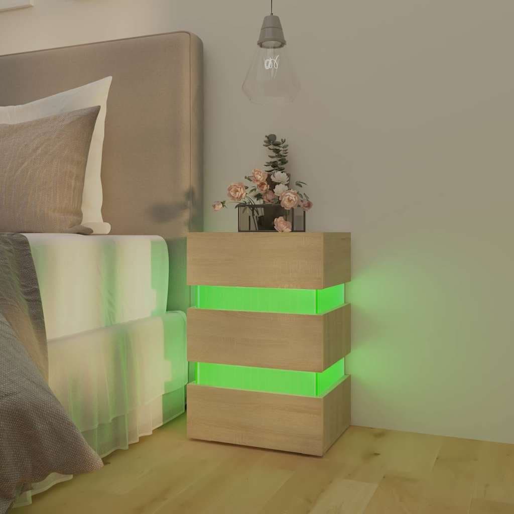 Bedside Table with LED Light Storage Cabinet Nightstand Engineered Wood Brown