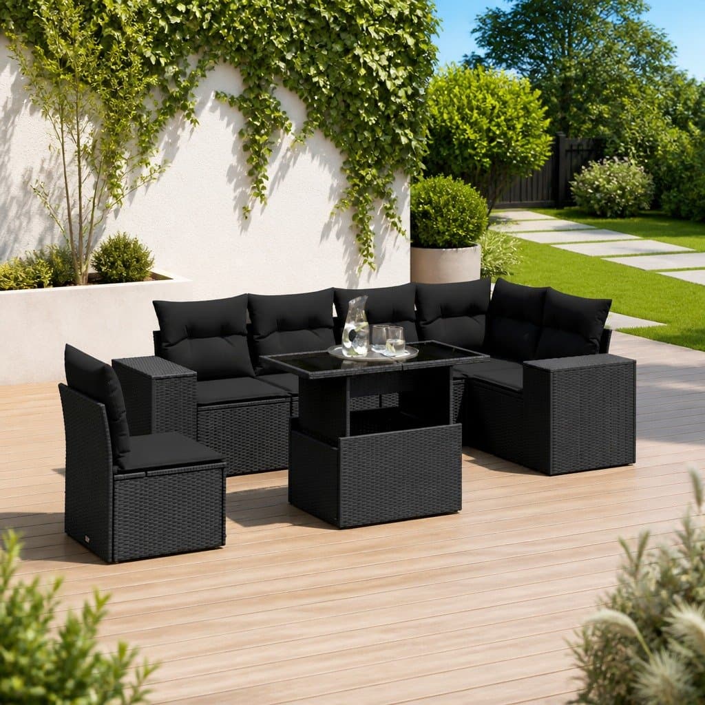 7 Piece Black Poly Rattan Outdoor Sofa Set