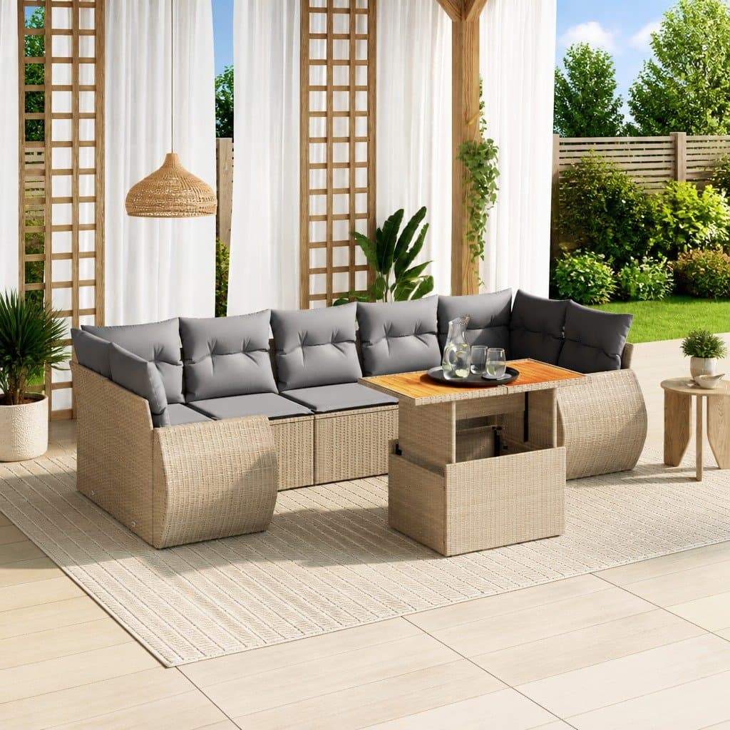Beige 8-Piece Outdoor Garden Sofa Set with Cushions