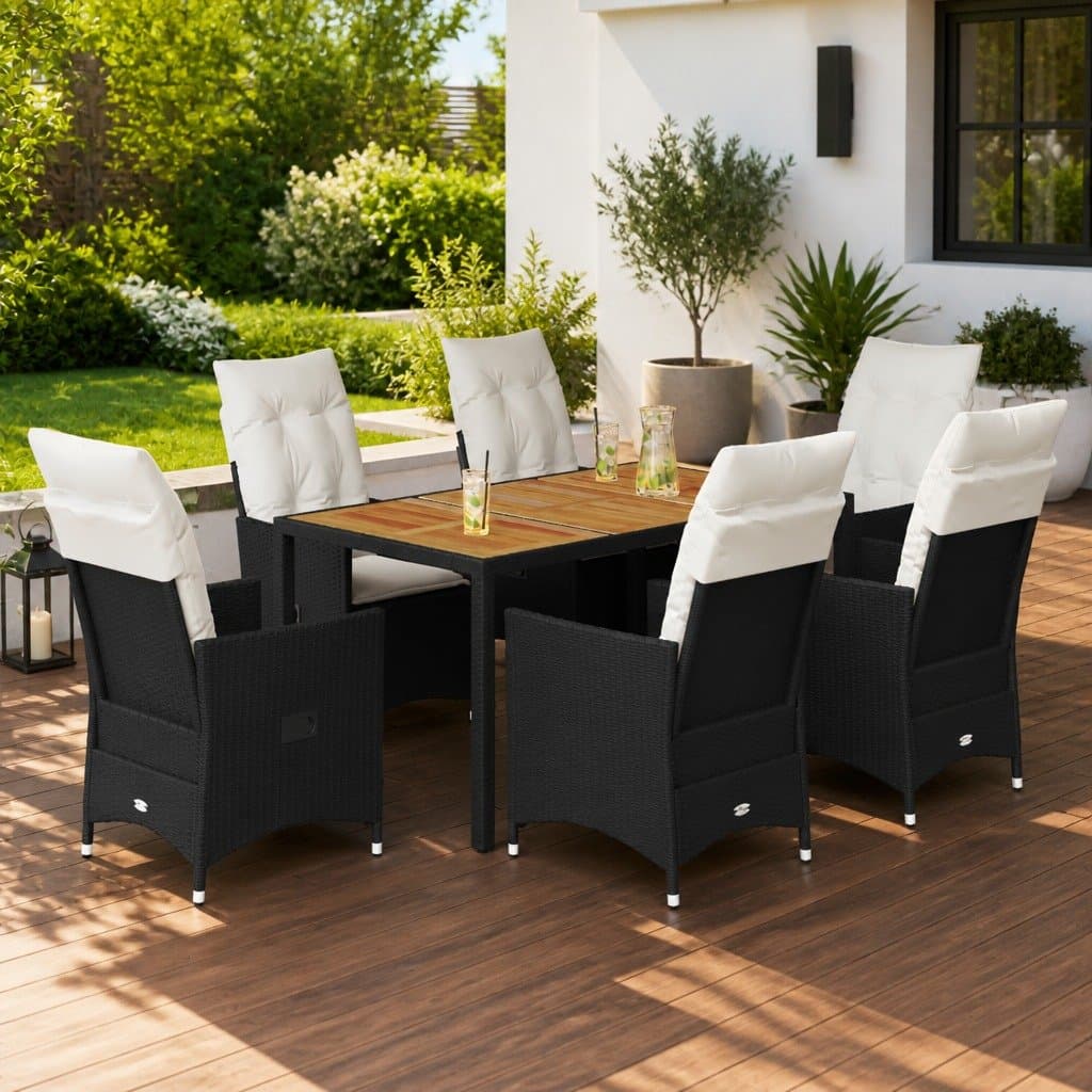 7 Piece Garden Dining Set in Black Poly Rattan