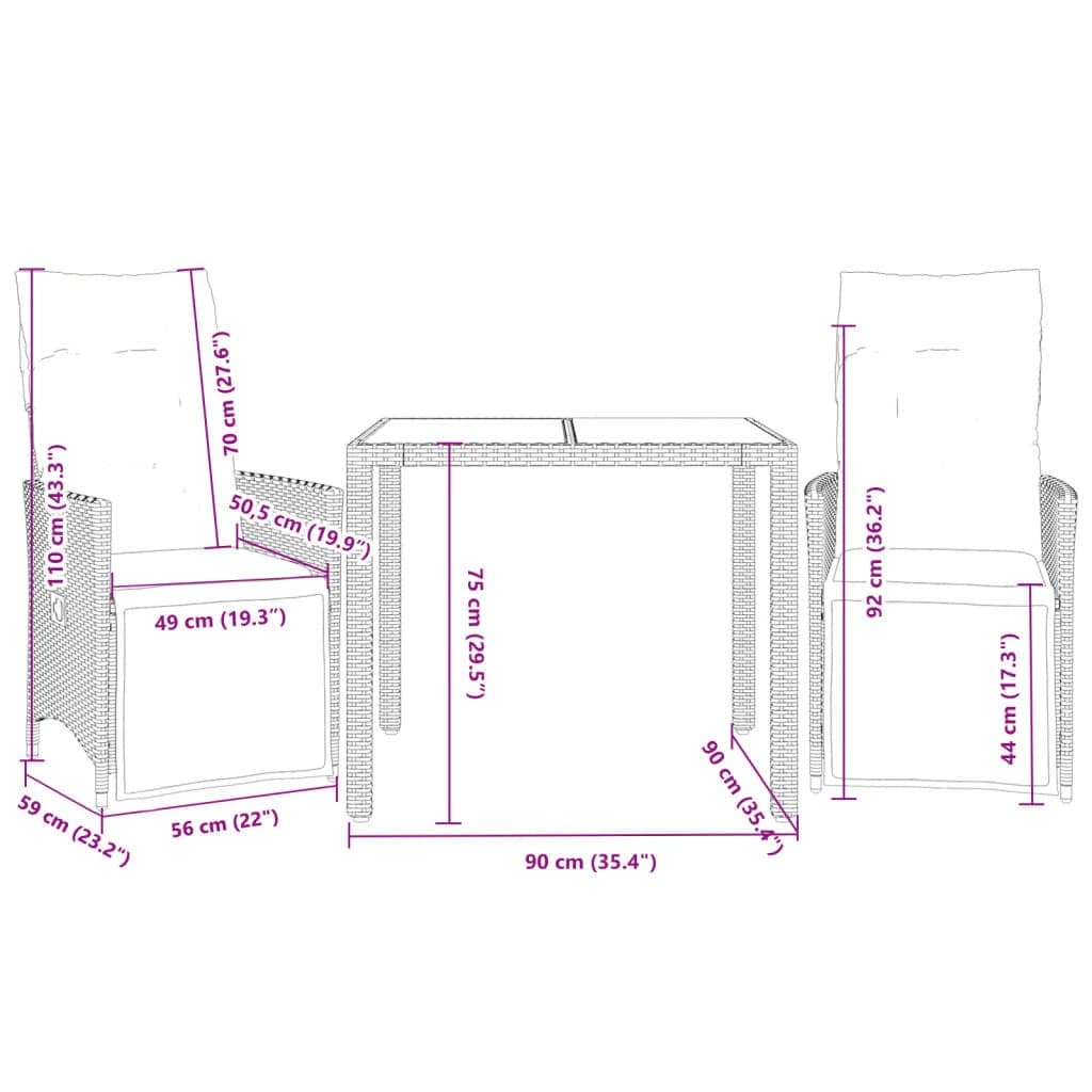 Grey Poly Rattan 3-Piece Outdoor Bistro Set