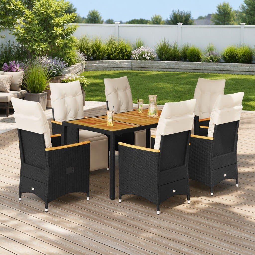 7-Piece Outdoor Bistro Set with Cushions in Black Poly Rattan