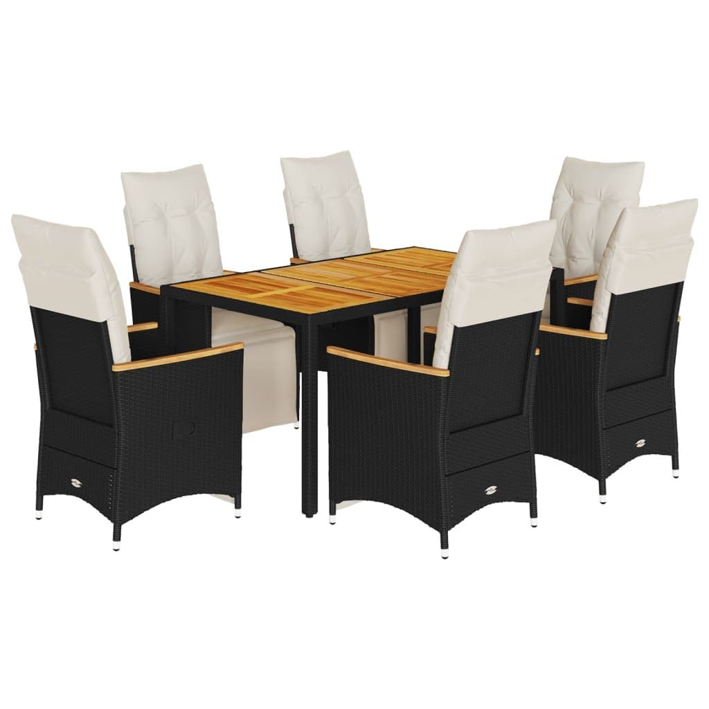 7-Piece Outdoor Bistro Set with Cushions in Black Poly Rattan