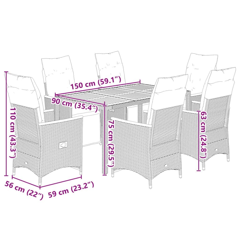 7-Piece Outdoor Bistro Set with Cushions in Black Poly Rattan