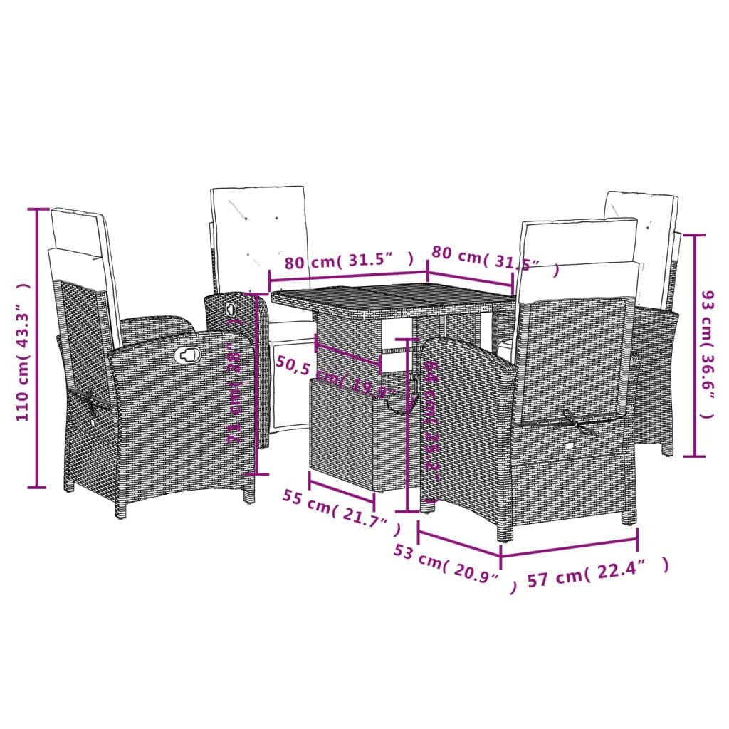 5 Piece Garden Dining Set with Adjustable Cushions in Grey