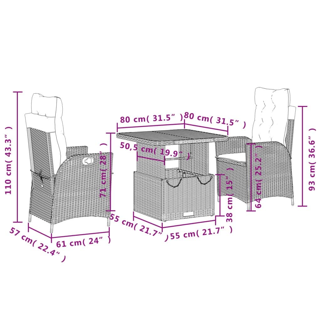 Garden Dining Set 3 Piece Outdoor Furniture Grey Poly Rattan Adjustable Cushions