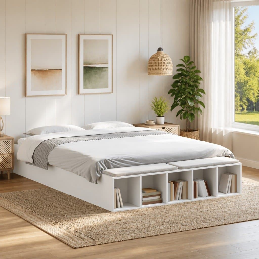White Bed Frame 150x200cm with Storage Compartments
