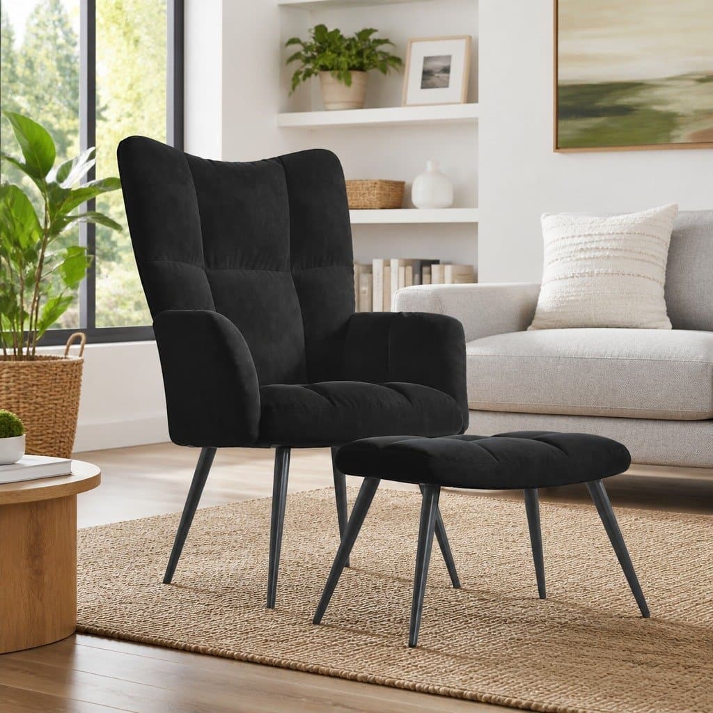 Black Velvet Relaxing Chair with Stool