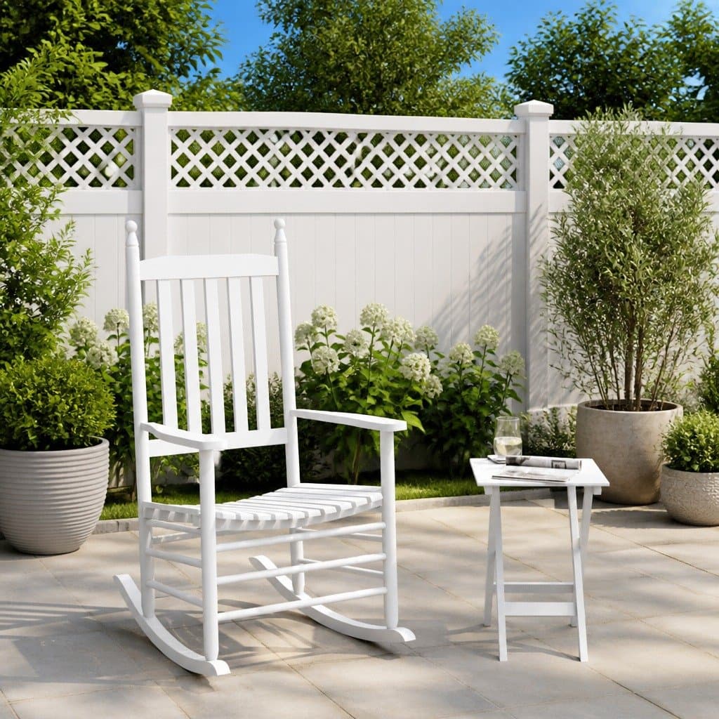 Rocking Chair Set 2-Piece White Wooden Armrests Foldable Table Patio Furniture