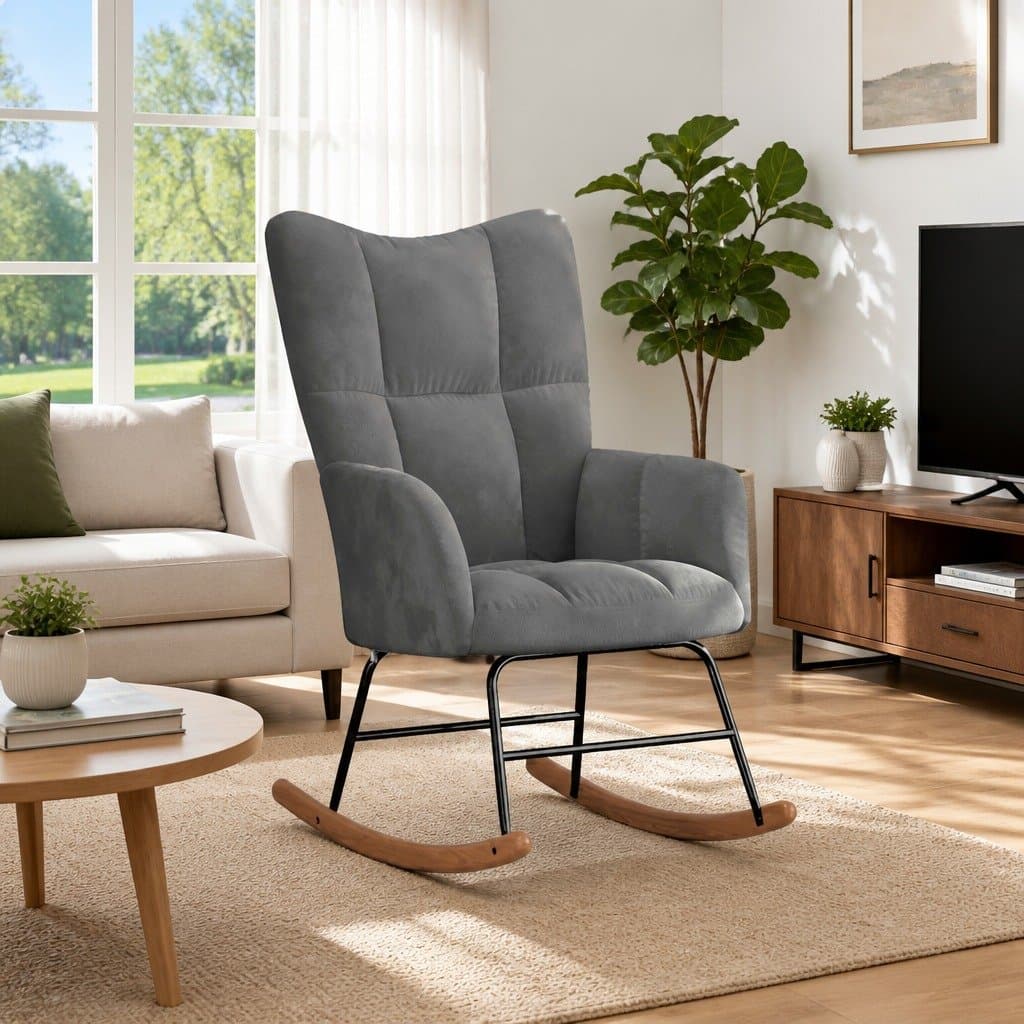 Grey Velvet Rocking Chair with Durable Frame