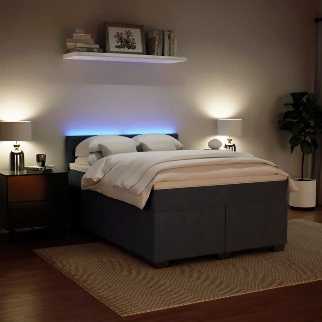 Queen Size Box Spring Bed with Velvet Mattress & LED