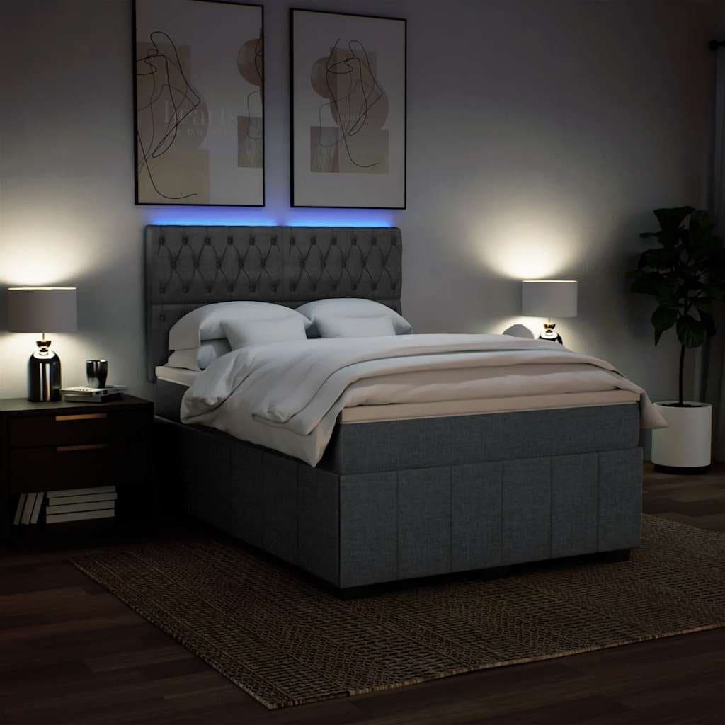 Grey Queen Box Spring Bed with Adjustable Headboard and LED Lights
