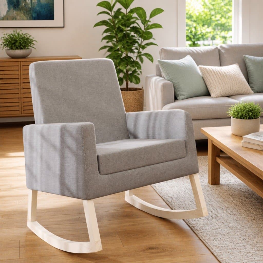 Grey Upholstered Rocking Chair with Wooden Frame