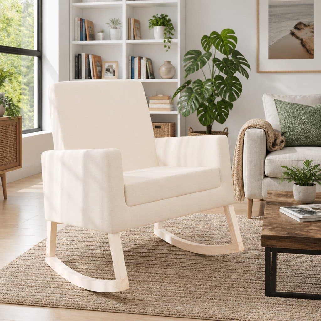 Cream Upholstered Rocking Chair with Sturdy Wooden Frame