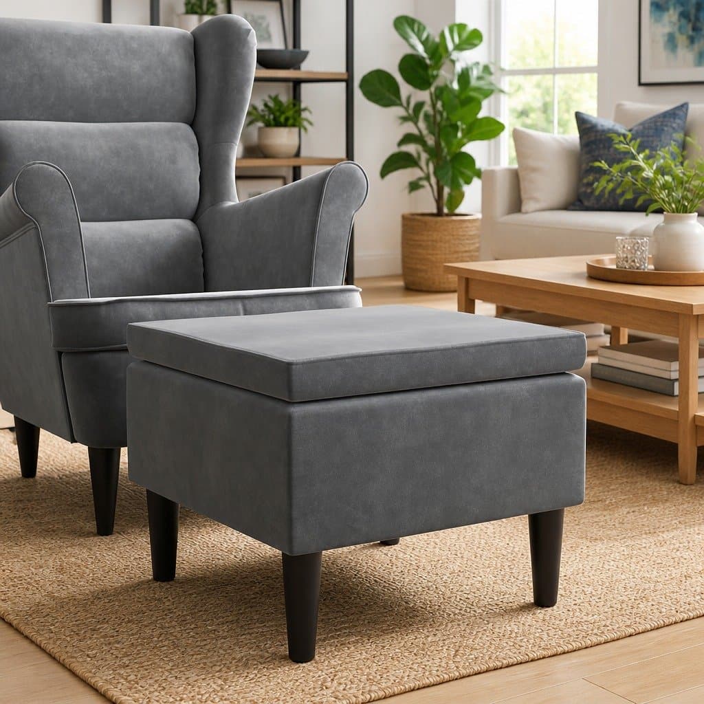 Dark Grey Velvet Stool with Sturdy Wooden Legs