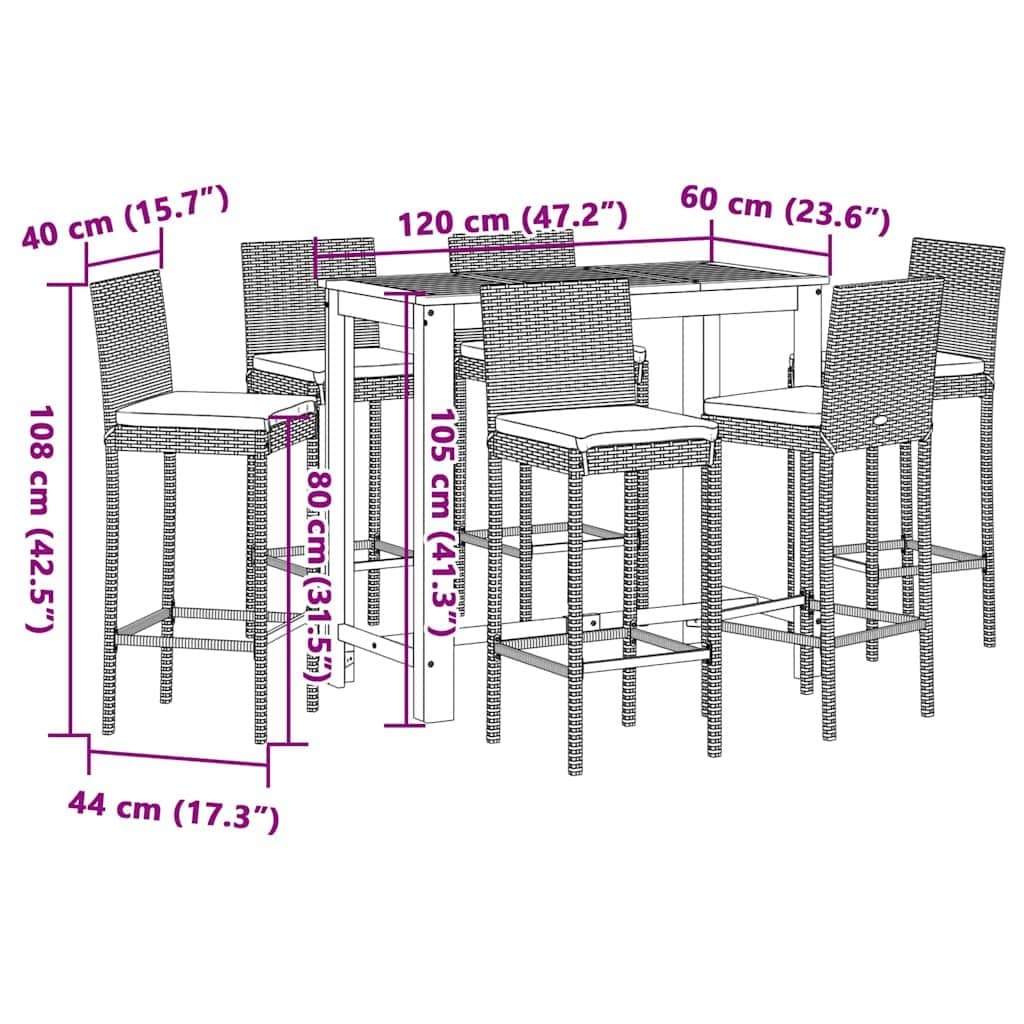 7 Piece Garden Bar Set with Black Rattan Stools