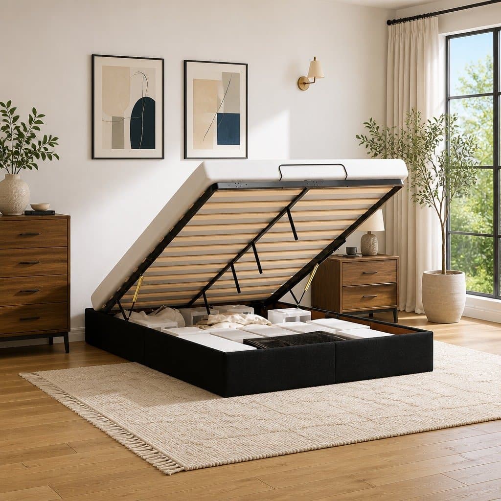 Black Double Ottoman Storage Bed Frame with Lift-Up Mechanism