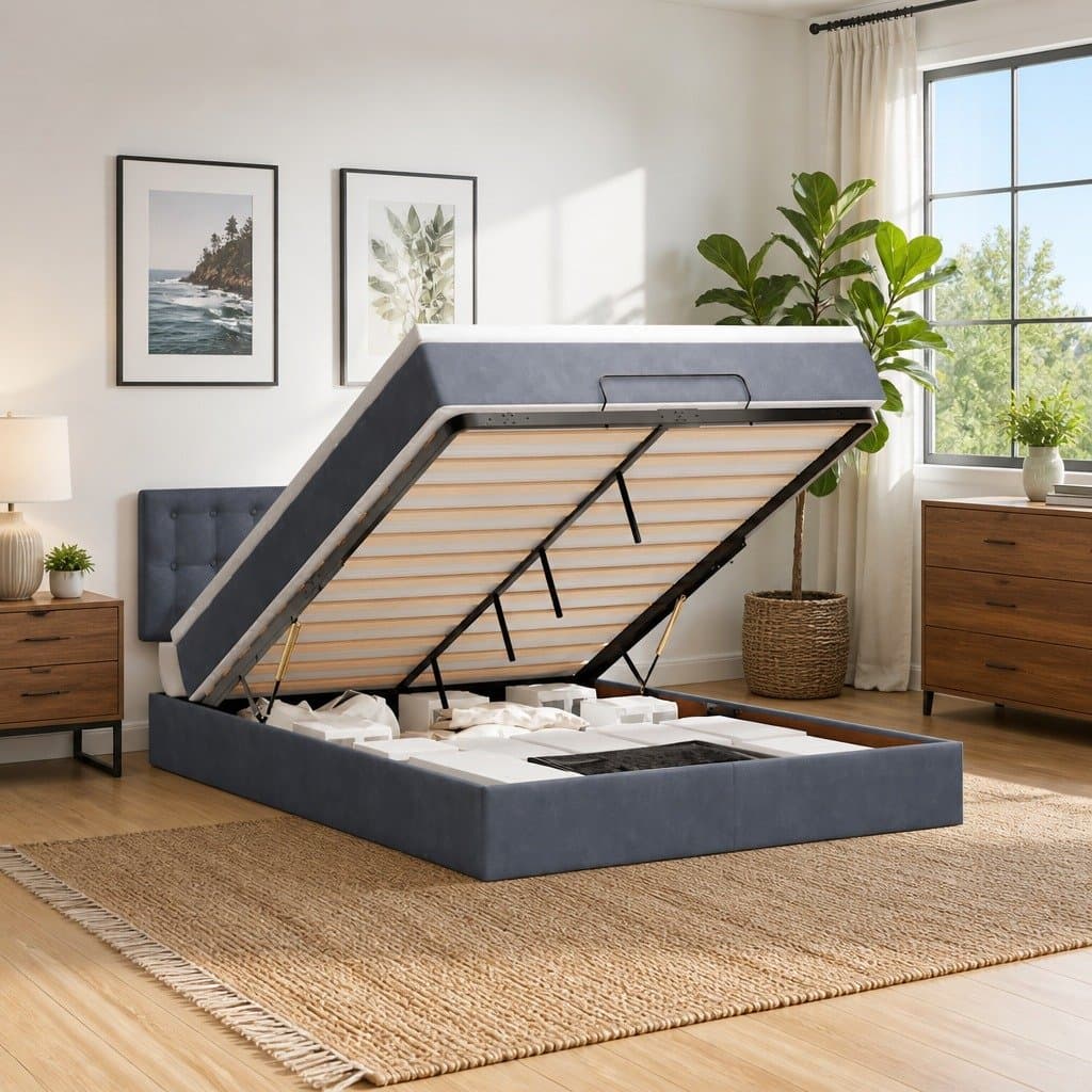 Grey Velvet Queen Ottoman Bed with Pocket Spring Mattress