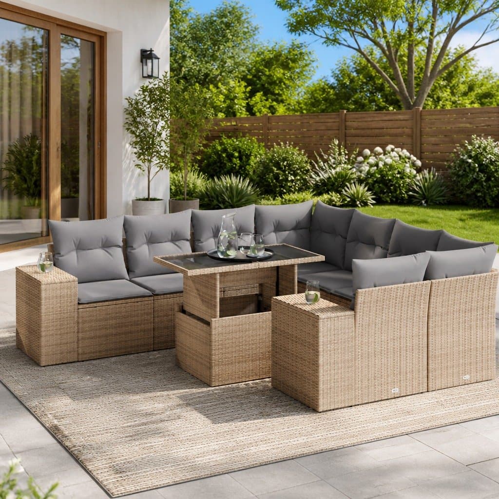 Beige 9-Piece Outdoor Garden Sofa Set with Cushions