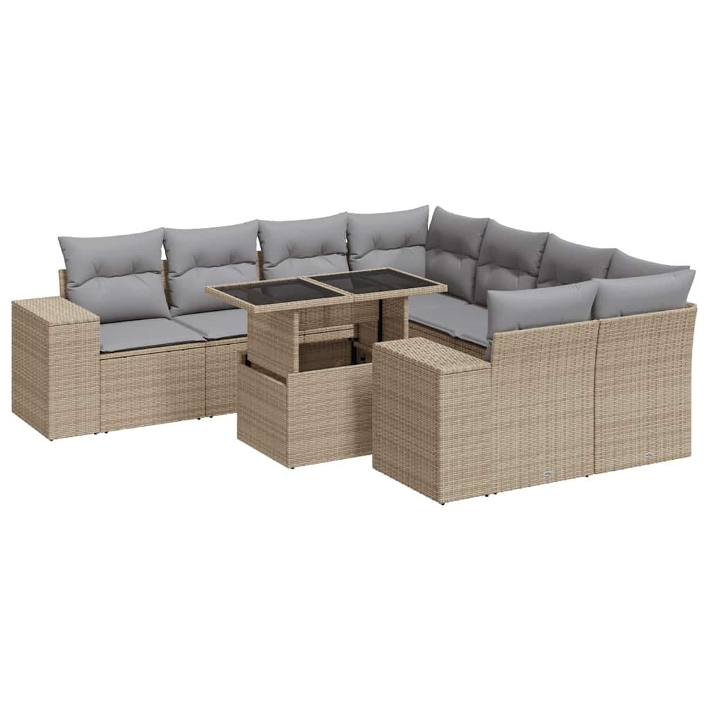 Beige 9-Piece Outdoor Garden Sofa Set with Cushions