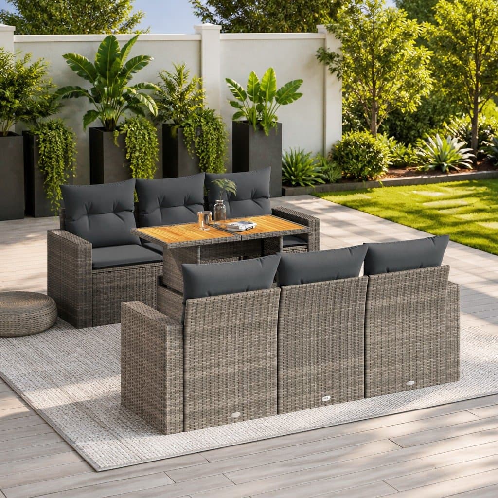 7-Piece Grey Poly Rattan Outdoor Sofa Set with Storage
